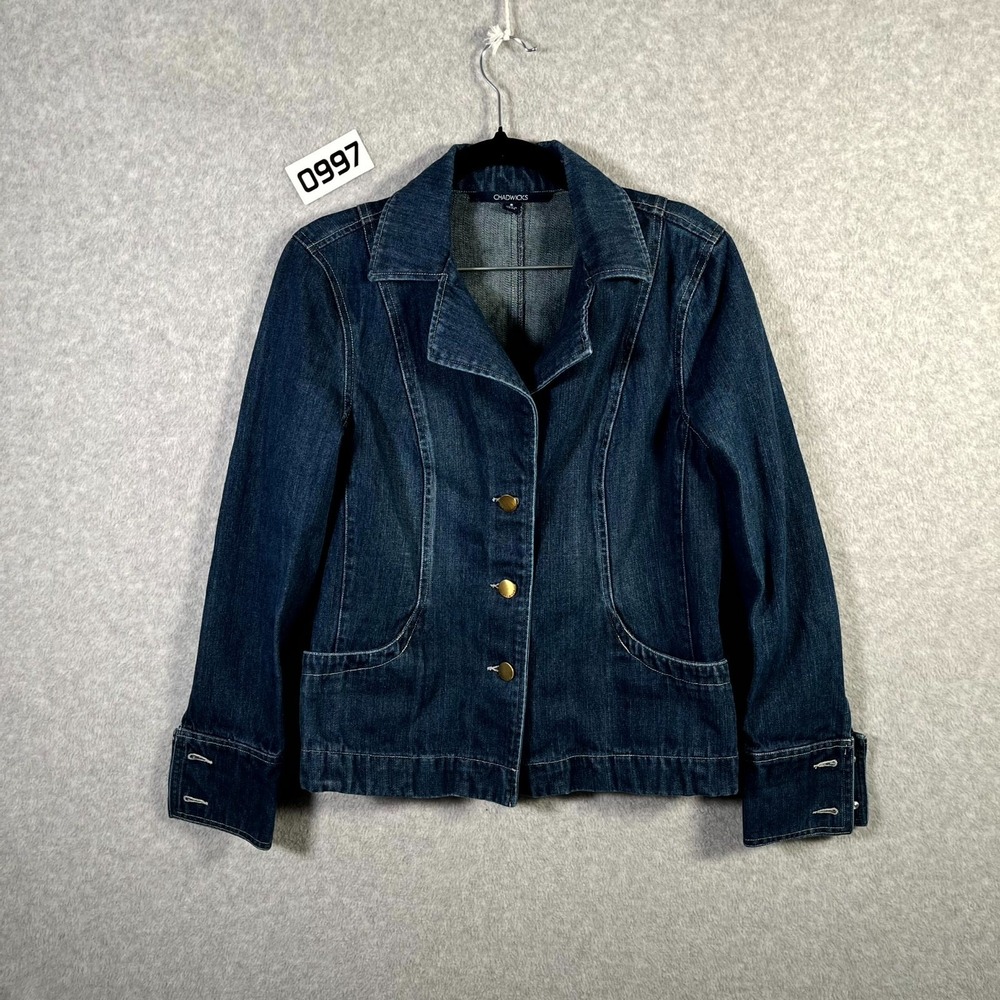 Chadwicks Denim Blazer Jacket Womens 8 Blue Cotton Button Front Long Sleeve